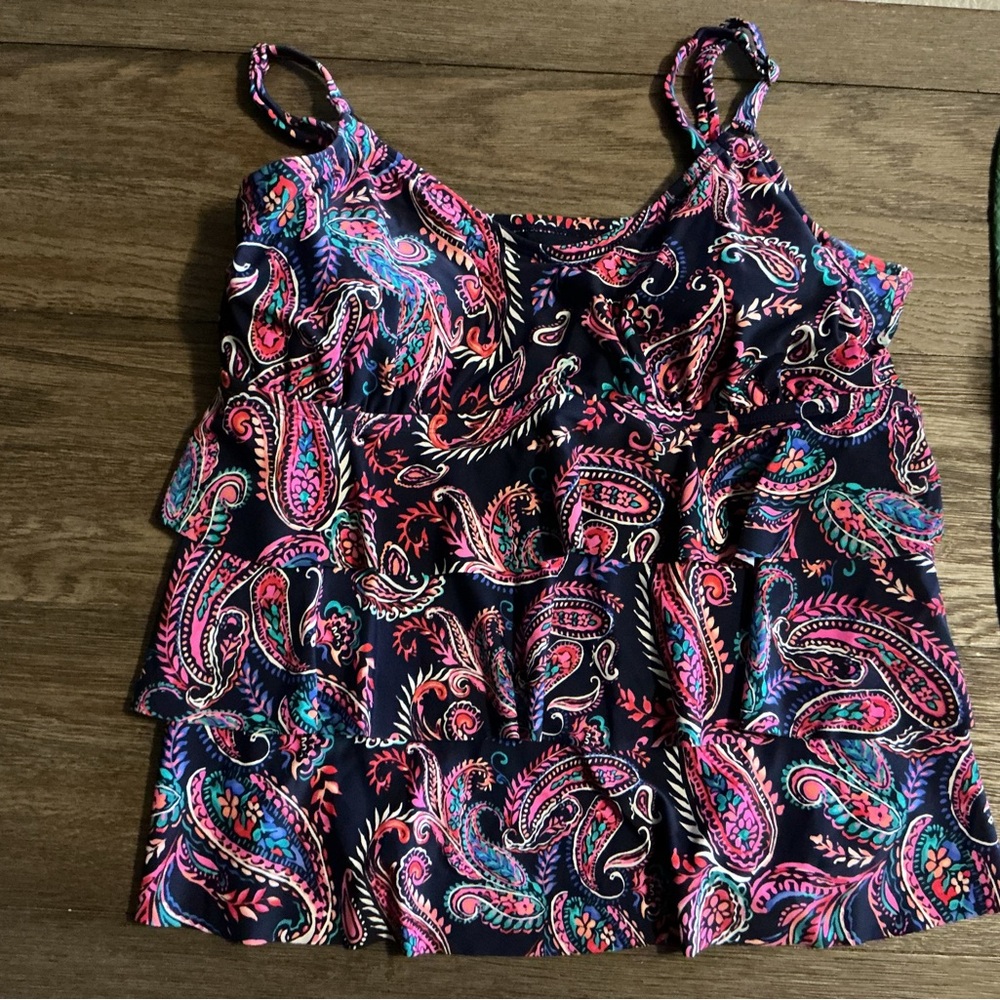 Women's Navy Paisley Ruffle Tankini Top - Multi